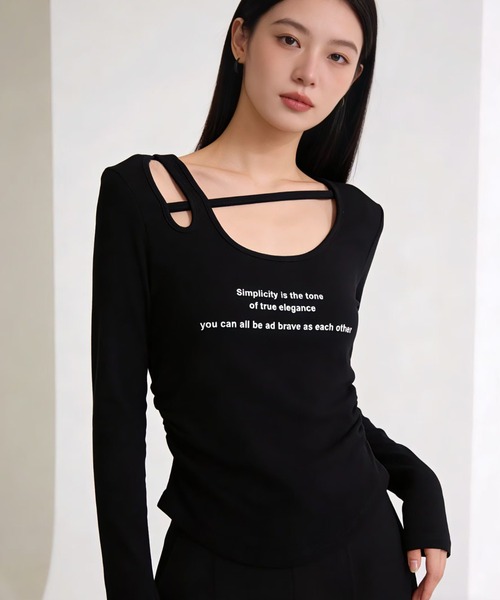 semuse（セミューズ）の「ロゴプリントカットアウトロンT（Tシャツ/カットソー・レディース・グレー/ブラック/ホワイト・FREE）」の2枚目の写真