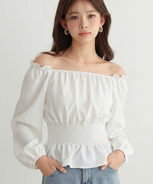 SAISON DE PAPILLON(セゾンドパピヨン)の「【ZOZO限定】レディース 可愛い 通勤 通学 ブラウス シャーリング 2wayネック オフショルダー ふんわり オフィスカジュアル きれいめ(シャツ/ブラウス・レディース・ブラック/ホワイト・M)」の1枚目の写真