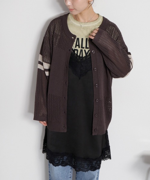 cepo（セポ）の「〈前後2way〉2/20 透かし編みリネンタッチ シアーニット/カーディガン（ニット/セーター・レディース・チャコール/オフホワイト・M）」の5枚目の写真