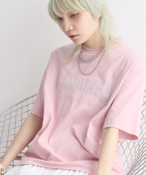THRASHER（スラッシャー）の「【THRASHER/スラッシャー】ラメ総柄 ラインストーン 半袖Tシャツ（Tシャツ/カットソー・メンズ・ブラック/ホワイト/ピンク・M/L/XL）」の2枚目の写真