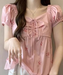 リボン柄 パフスリーブ スクエアネック フロントギャザーチュニックブラウス