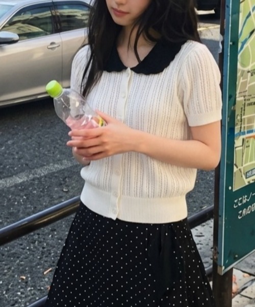 Teem Store（チームストア）の「配色カラー 透かし編みポロニット（Tシャツ/カットソー・レディース・ベージュ/イエロー/グレー/ブラック・F）」の2枚目の写真