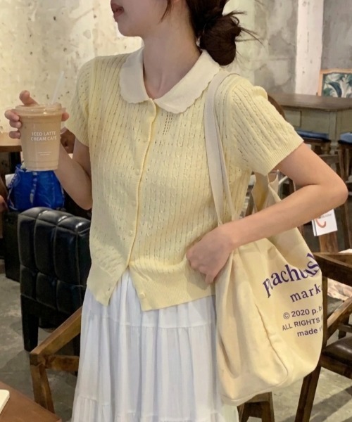 Teem Store（チームストア）の「配色カラー 透かし編みポロニット（Tシャツ/カットソー・レディース・ベージュ/イエロー/グレー/ブラック・F）」の4枚目の写真