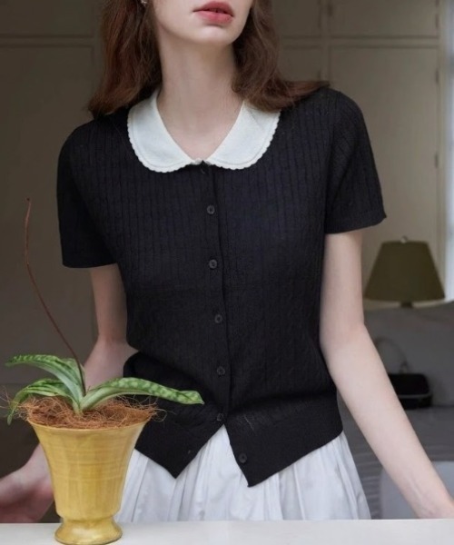 Teem Store（チームストア）の「配色カラー 透かし編みポロニット（Tシャツ/カットソー・レディース・ベージュ/イエロー/グレー/ブラック・F）」の5枚目の写真