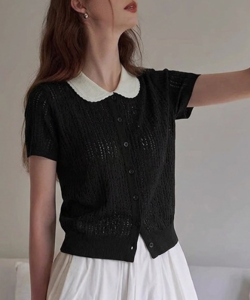 Teem Store（チームストア）の「配色カラー 透かし編みポロニット（Tシャツ/カットソー・レディース・ベージュ/イエロー/グレー/ブラック・F）」の6枚目の写真