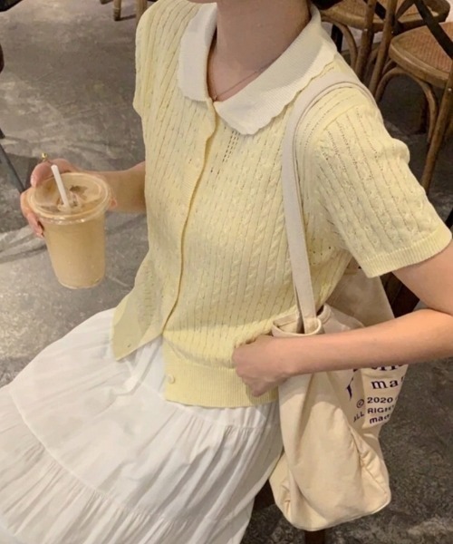 Teem Store（チームストア）の「配色カラー 透かし編みポロニット（Tシャツ/カットソー・レディース・ベージュ/イエロー/グレー/ブラック・F）」の7枚目の写真