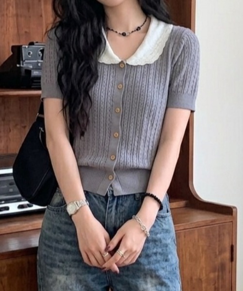 Teem Store（チームストア）の「配色カラー 透かし編みポロニット（Tシャツ/カットソー・レディース・ベージュ/イエロー/グレー/ブラック・F）」の9枚目の写真