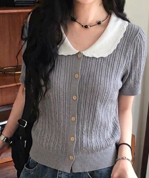 Teem Store（チームストア）の「配色カラー 透かし編みポロニット（Tシャツ/カットソー・レディース・ベージュ/イエロー/グレー/ブラック・F）」の10枚目の写真