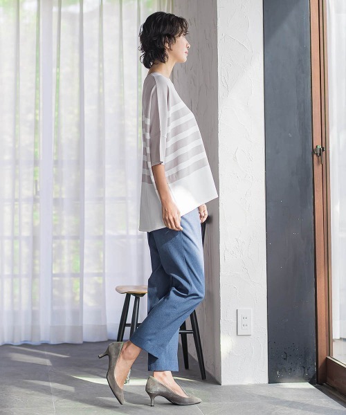 la.f…（ラエフ）の「【WEB限定】”涼感”ボーダーニット（ニット/セーター・レディース・ベージュ系その他/ダークネイビー・9号）」の5枚目の写真