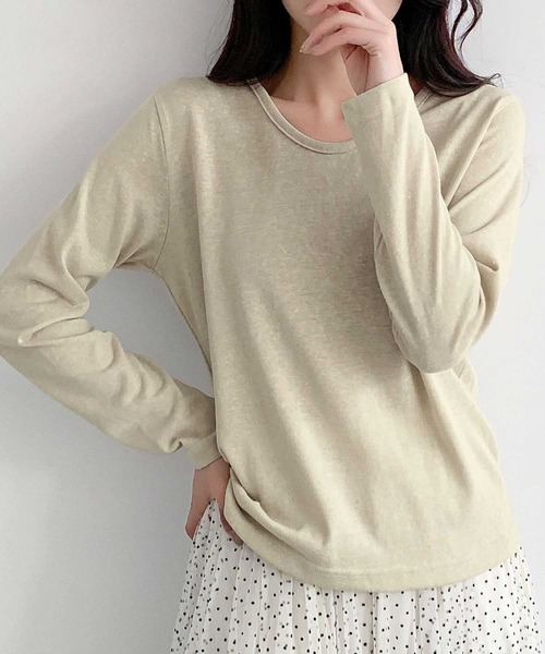 LOWO(ロワ)の「コットン混クルーネック長袖カットソー(Tシャツ/カットソー・レディース・ホワイト/ベージュ/ブルー/グレー・L/M)」の3枚目の写真