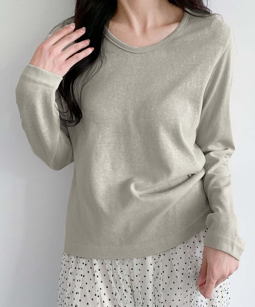LOWO(ロワ)の「コットン混クルーネック長袖カットソー(Tシャツ/カットソー・レディース・ホワイト/ベージュ/ブルー/グレー・L/M)」の6枚目の写真