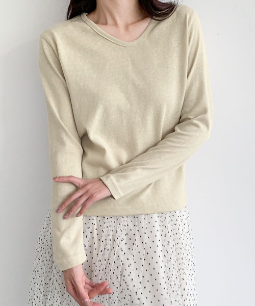 LOWO(ロワ)の「コットン混クルーネック長袖カットソー(Tシャツ/カットソー・レディース・ホワイト/ベージュ/ブルー/グレー・L/M)」の13枚目の写真