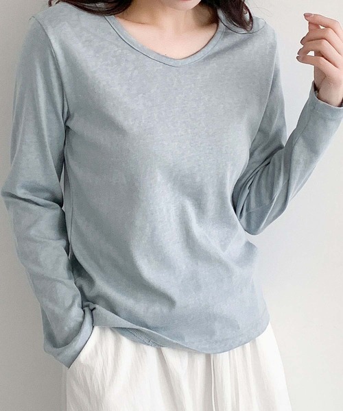LOWO(ロワ)の「コットン混クルーネック長袖カットソー(Tシャツ/カットソー・レディース・ホワイト/ベージュ/ブルー/グレー・L/M)」の15枚目の写真