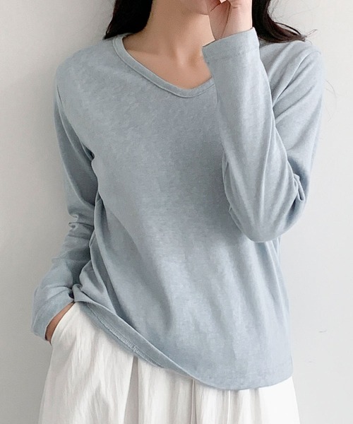 LOWO(ロワ)の「コットン混クルーネック長袖カットソー(Tシャツ/カットソー・レディース・ホワイト/ベージュ/ブルー/グレー・L/M)」の16枚目の写真