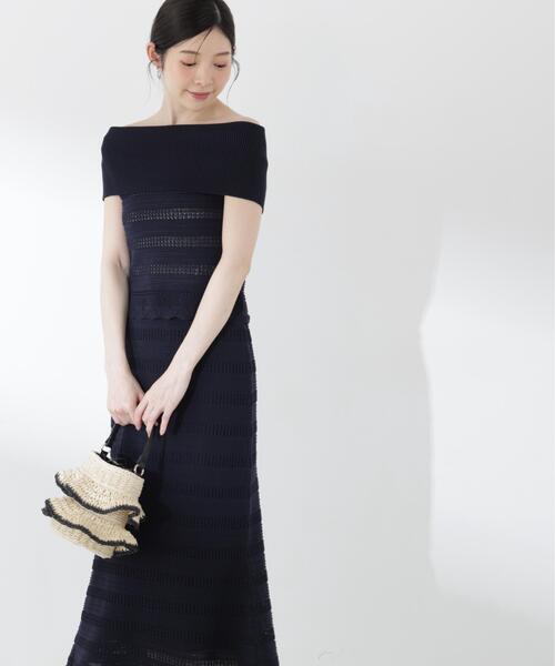 PROPORTION BODY DRESSING(プロポーションボディドレッシング)の「【中川紅葉さん着用】透かし編みオフショルセットアップ / 1216240607(ワンピース・レディース・ネイビー/ホワイト系その他・MEDIUM/P/S)」の1枚目の写真