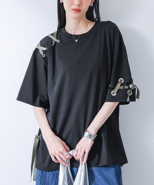 kOhAKU(コハク)の「【接触冷感】配色ハトメリボンカットソー(Tシャツ/カットソー・レディース・ブルー/ブラック・FREE)」の2枚目の写真