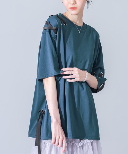 kOhAKU(コハク)の「【接触冷感】配色ハトメリボンカットソー(Tシャツ/カットソー・レディース・ブルー/ブラック・FREE)」の6枚目の写真
