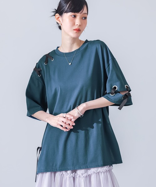 kOhAKU(コハク)の「【接触冷感】配色ハトメリボンカットソー(Tシャツ/カットソー・レディース・ブルー/ブラック・FREE)」の7枚目の写真