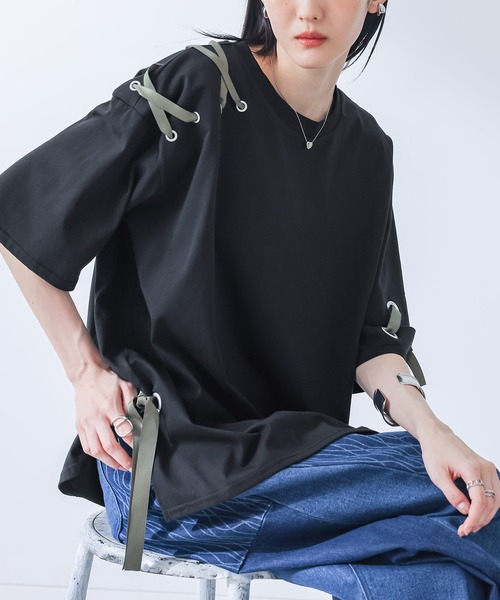 kOhAKU(コハク)の「【接触冷感】配色ハトメリボンカットソー(Tシャツ/カットソー・レディース・ブルー/ブラック・FREE)」の15枚目の写真