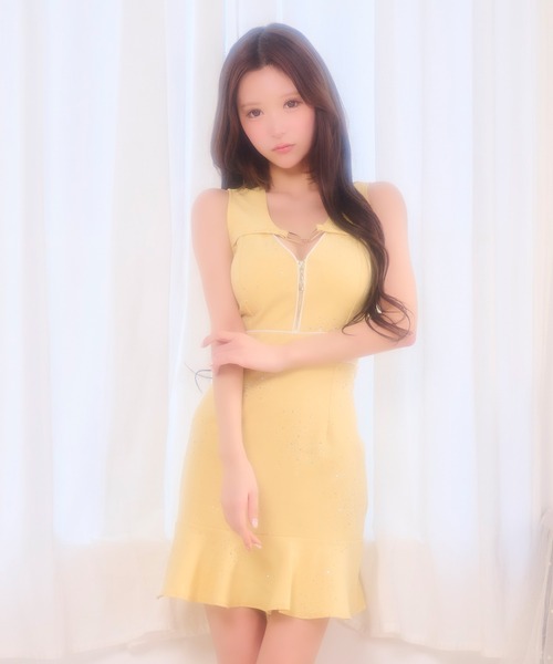 Tika(ティカ)の「キャバドレス ミニ フレア ノースリーブ バストジップ ビジュー キラキラ 谷間 セクシードレス(ドレス・レディース・ホワイト/イエロー・L/XL/M/S/XXL)」の7枚目の写真