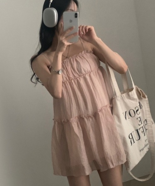 Ritzy(リッツィー)の「シフォンキャミソール・ティアードワンピース(ワンピース・レディース・ピンク/オフホワイト・FREE)」の2枚目の写真