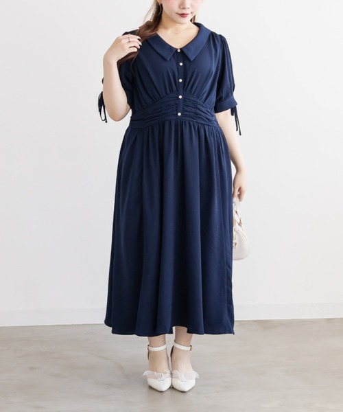 CLETTE(クレット)の「襟付きウエストシャーリングワンピース(ワンピース・レディース・ネイビー/サックスブルー/ピンクベージュ・LL/3L/4L)」の2枚目の写真