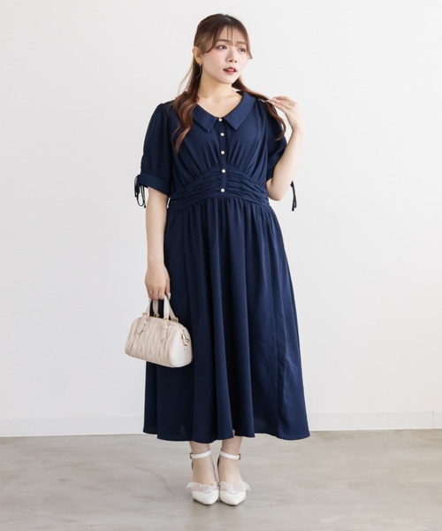 CLETTE(クレット)の「襟付きウエストシャーリングワンピース(ワンピース・レディース・ネイビー/サックスブルー/ピンクベージュ・LL/3L/4L)」の5枚目の写真