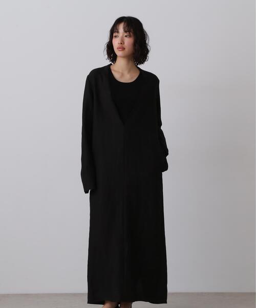 美品 イレーヴ リネン半袖ワンピース Vネック グレー 麻100% ロング セール】YLEVE｜イレーヴのワンピース（ブラック/黒色系・リネン・麻