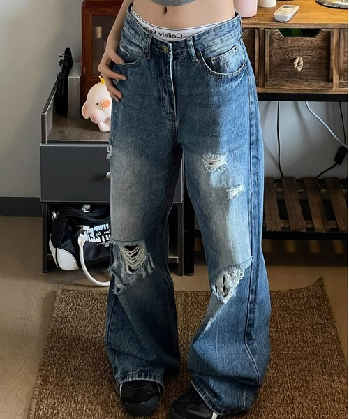 REBALANCE(リバランス)の「レディースダメージデニム(デニムパンツ・レディース・A・X-LARGE/LARGE/MEDIUM)」の2枚目の写真