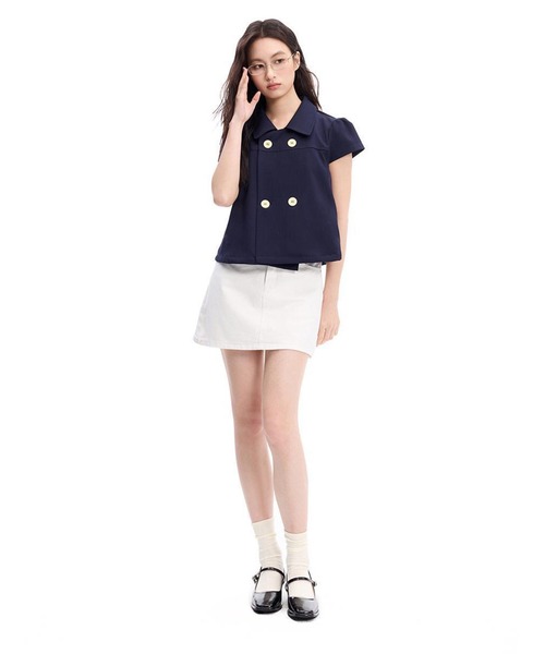 AsheKsha(アシクシャ)の「ネイビー ダブルブレストのドールカラーショート半袖トップス(シャツ/ブラウス・レディース・ネイビー・M)」の8枚目の写真