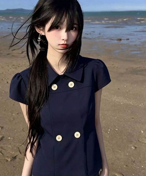 AsheKsha(アシクシャ)の「ネイビー ダブルブレストのドールカラーショート半袖トップス(シャツ/ブラウス・レディース・ネイビー・M)」の10枚目の写真