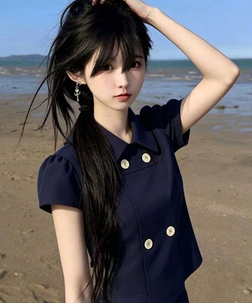 AsheKsha(アシクシャ)の「ネイビー ダブルブレストのドールカラーショート半袖トップス(シャツ/ブラウス・レディース・ネイビー・M)」の12枚目の写真