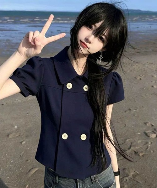 AsheKsha(アシクシャ)の「ネイビー ダブルブレストのドールカラーショート半袖トップス(シャツ/ブラウス・レディース・ネイビー・M)」の13枚目の写真