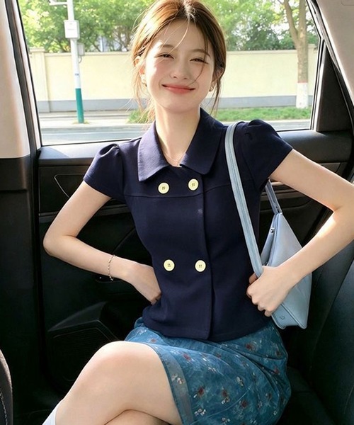 AsheKsha(アシクシャ)の「ネイビー ダブルブレストのドールカラーショート半袖トップス(シャツ/ブラウス・レディース・ネイビー・M)」の2枚目の写真