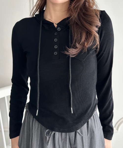 CLEA(クレア)の「フード付きヘンリーネック長袖トップス(Tシャツ/カットソー・レディース・チャコールグレー/グレー/カーキ/ホワイト/ブラック・FREE)」の13枚目の写真