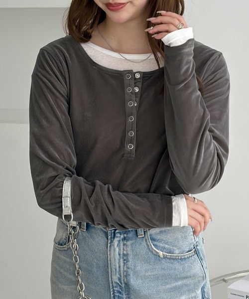 GeeRA（ジーラ）の「前後2WAYヘンリーネックシアーベロアロングTシャツ（Tシャツ/カットソー・レディース・アイボリー/チャコールグレー/ブラウン/ブラック・X-LARGE/LARGE/MEDIUM）」の16枚目の写真