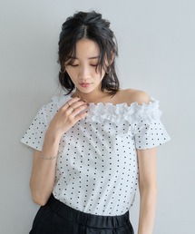 オフショルドットフリルTシャツ