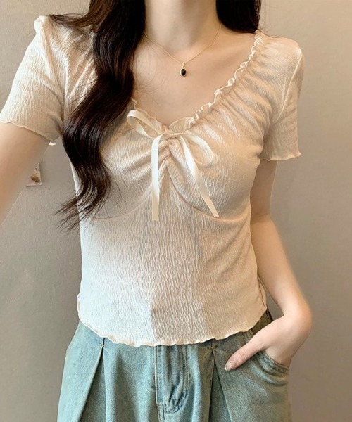 Beststore(ベストストア)の「胸元リボン オフショルダー トップス 半袖 ギャザー クシュクシュ 伸縮性(Tシャツ/カットソー・レディース・アイボリー/グレー/セージグリーン・FREE)」の6枚目の写真