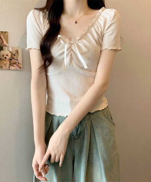 Beststore(ベストストア)の「胸元リボン オフショルダー トップス 半袖 ギャザー クシュクシュ 伸縮性(Tシャツ/カットソー・レディース・アイボリー/グレー/セージグリーン・FREE)」の8枚目の写真