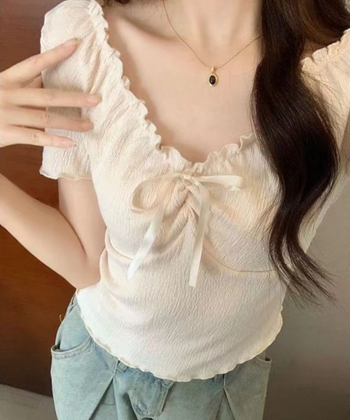 Beststore(ベストストア)の「胸元リボン オフショルダー トップス 半袖 ギャザー クシュクシュ 伸縮性(Tシャツ/カットソー・レディース・アイボリー/グレー/セージグリーン・FREE)」の11枚目の写真