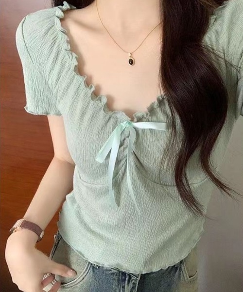 Beststore(ベストストア)の「胸元リボン オフショルダー トップス 半袖 ギャザー クシュクシュ 伸縮性(Tシャツ/カットソー・レディース・アイボリー/グレー/セージグリーン・FREE)」の20枚目の写真