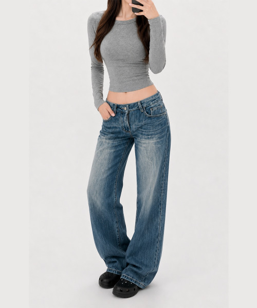 VIVID LADY（ビビッドレディー）の「シワ加工ウォッシュ ワイドストレートデニムパンツ（デニムパンツ・レディース・ブルー・LARGE/MEDIUM/SMALL）」の4枚目の写真