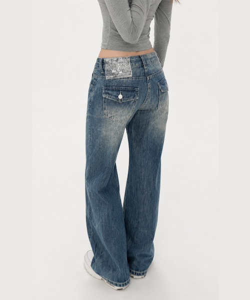 VIVID LADY（ビビッドレディー）の「シワ加工ウォッシュ ワイドストレートデニムパンツ（デニムパンツ・レディース・ブルー・LARGE/MEDIUM/SMALL）」の3枚目の写真