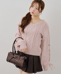 袖レースアップモールニット