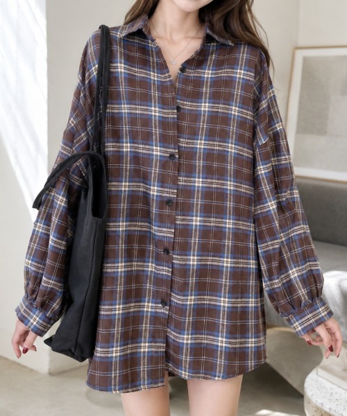 Amulet(アミュレット)の「ドロップショルダーチェック柄シャツ(シャツ/ブラウス・レディース・オレンジ/グレー/ブラック/ブラウン・M/S/L)」の13枚目の写真