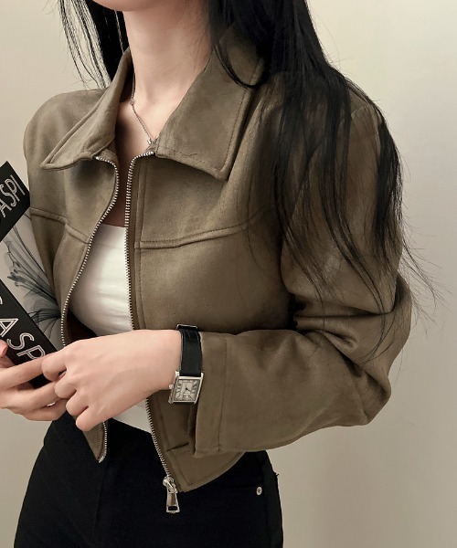 FLINEA(フリネア)の「シンプル襟付きフェイクスエード ブルゾン(その他アウター・レディース・ブラック/カーキ/モカ・XL/L/M)」の3枚目の写真