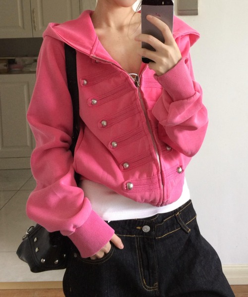 FLINEA（フリネア）の「ナポレオンデザインフード付きジップパーカー（パーカー・レディース・マジェンタ/ブラック・L/M/S）」の4枚目の写真