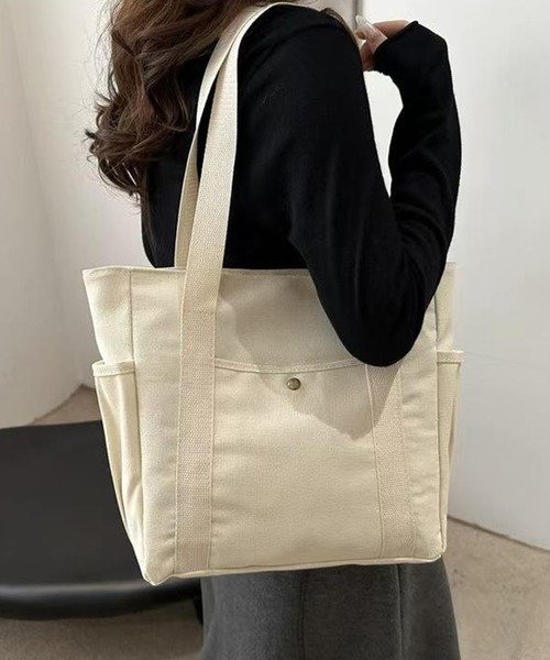 Culto（クルト）の「マルチポケット キャンバスライク ラージ トートバッグ / A4サイズ対応 / ユニセックス（トートバッグ・レディース・ブラック/アイボリー・FREE）」の6枚目の写真