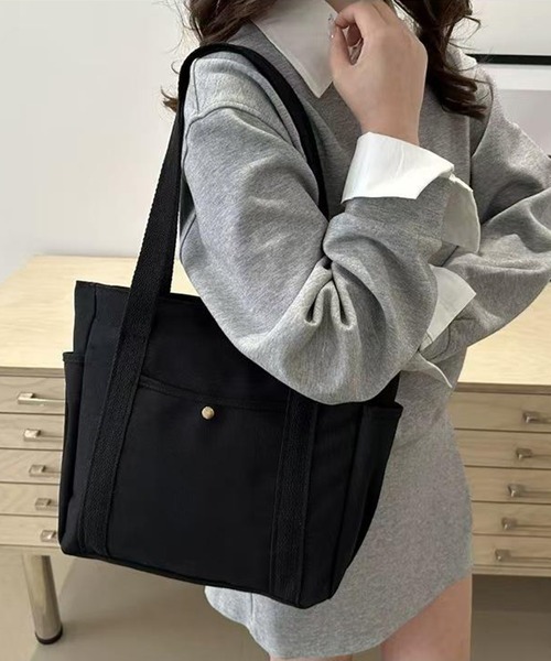 Culto（クルト）の「マルチポケット キャンバスライク ラージ トートバッグ / A4サイズ対応 / ユニセックス（トートバッグ・レディース・ブラック/アイボリー・FREE）」の9枚目の写真