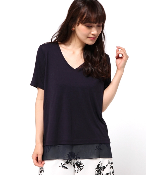 VINCE(ヴィンス)の「VINCE Vネック 裾シフォンTシャツ◆(Tシャツ/カットソー・レディース・ホワイト系その他/ネイビー・36/34)」の5枚目の写真